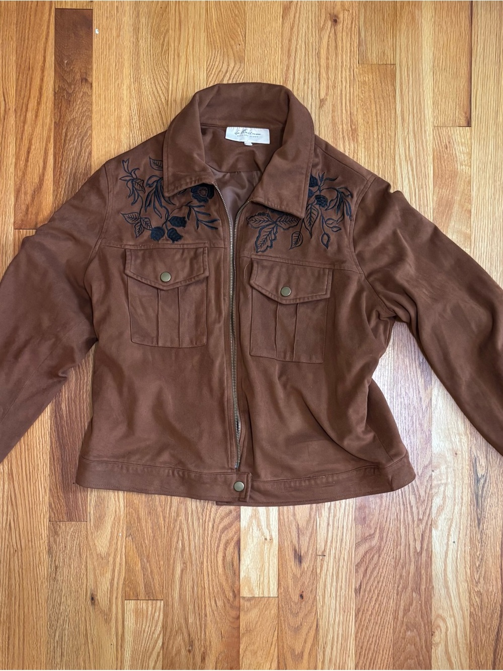 Women's Brown Embroidered Zip-Front Jacket